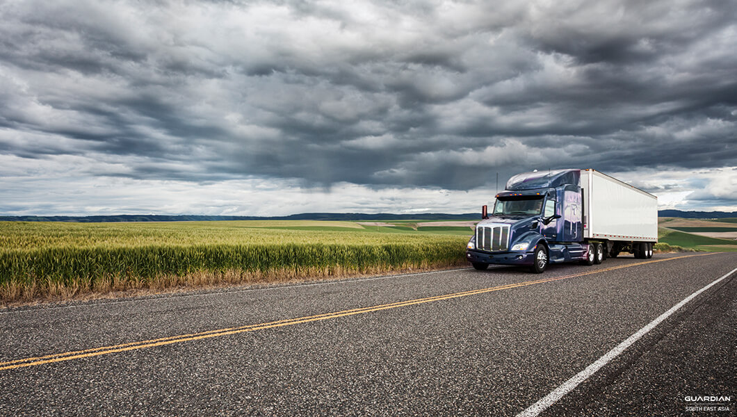 blue ten wheeler truck at roadside